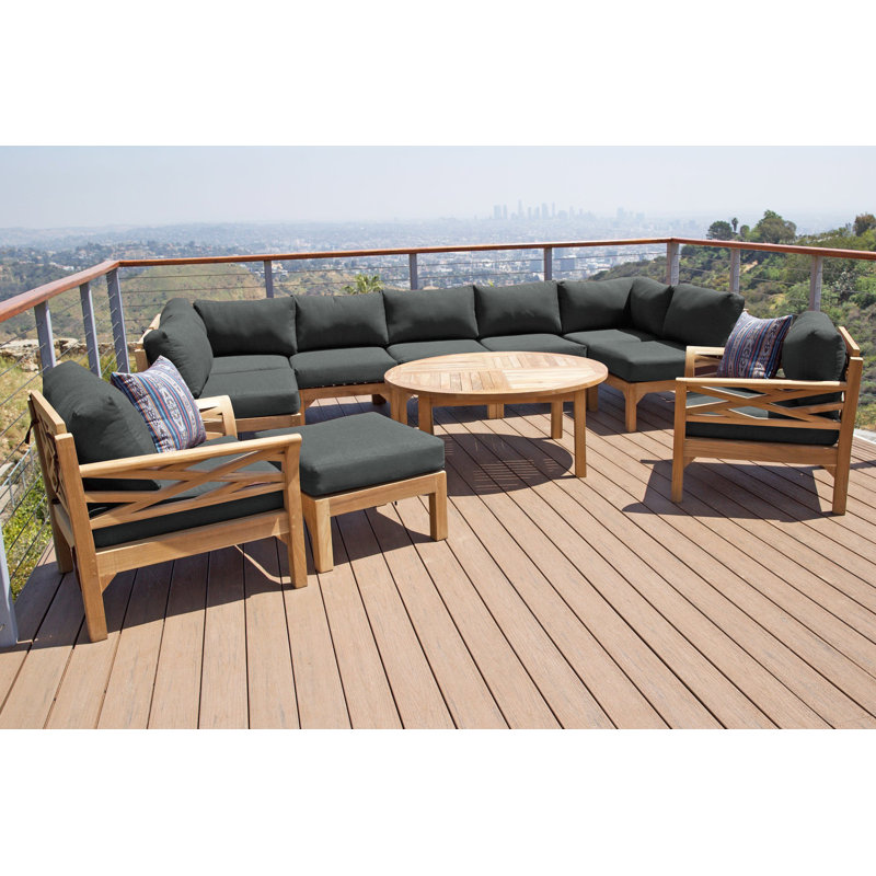 Monterey Teak Outdoor Seating Group with Cushions, Coal, 6 Pcs:  Sectional,2Chair,Cushion,Table,Ottoman