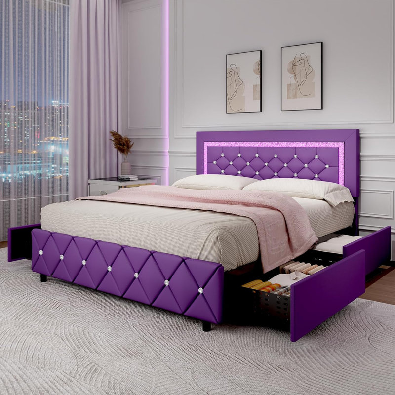 Structure de lit plateforme tapissier avec lumières DEL et 4 tiroirs de rangement - Tête et pied de lit capitonnés en losange, mobilier de chambre moderne