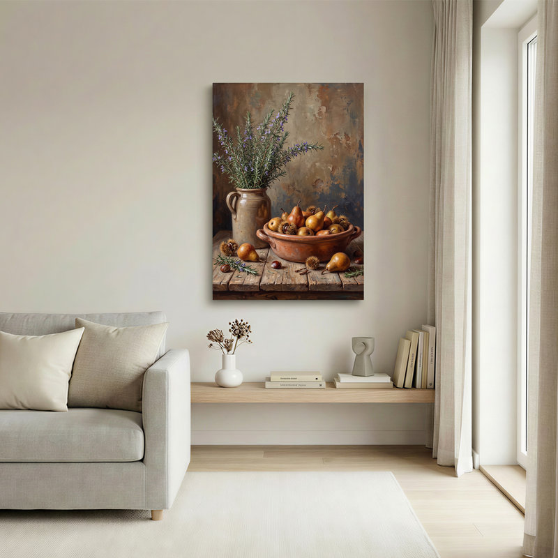 Poires et châtaignes dans un bol en terre cuite avec du romarin - Tableau sur toile, H 30 po x l 20 po