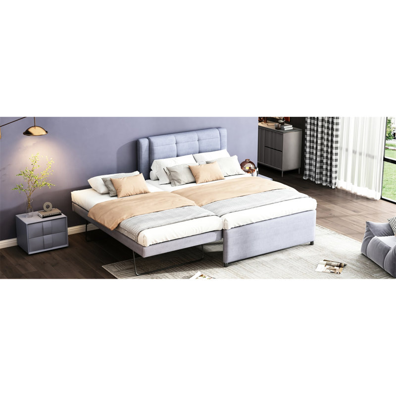 Full Size Upholstered Bed With Trundle - Grey. Solid Wood Build. Linen Leather Headboard. No Box Spring Grey Platform Adjustable Comfortable Sleep