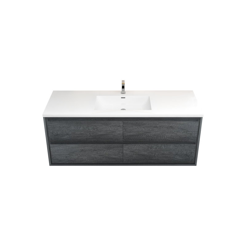 Meuble-lavabo mural Jack 60S en chêne fumé avec lavabo en acrylique renforcé, Chêne fumé