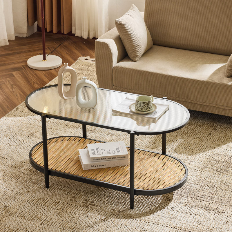 Boho 37.8" W Oval 2-Tier Metal Coffee Table with Glass Top & Rattan Shelf for Living Room, Black
