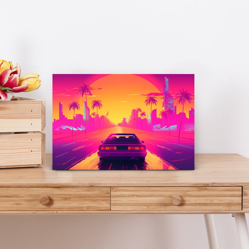 «Retro Sunset Drive», art mural rétro abstrait avec palmiers, H 12 po x l 18 po