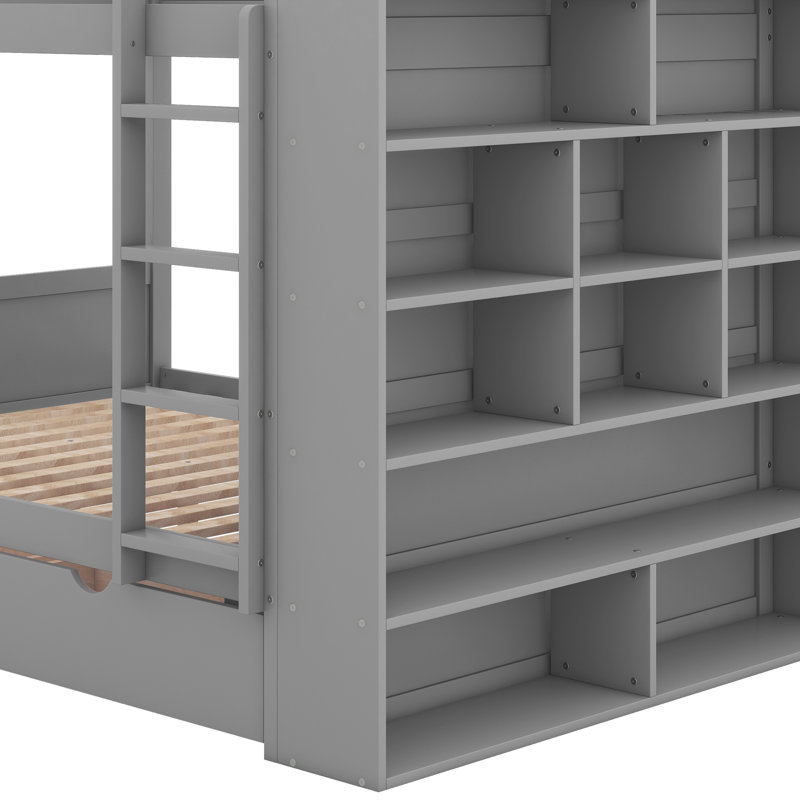 Lit superposé double au-dessus de double avec 2 tiroirs et armoire à plusieurs niveaux Jasna, gris