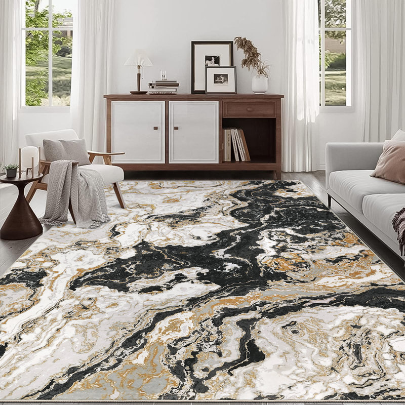 6'x9' Washable Abstract Marble Rug, Non-Slip Foldable Indoor Carpet for Bedroom Living Room Dorm, Black, Rectangle 6' x 9'