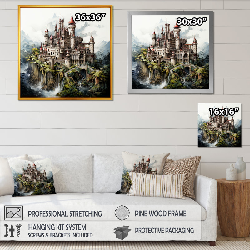 Dessin mystique d'un château sur toile, Cadre naturel flottant, H 24 po x l 24 po x P 1 po