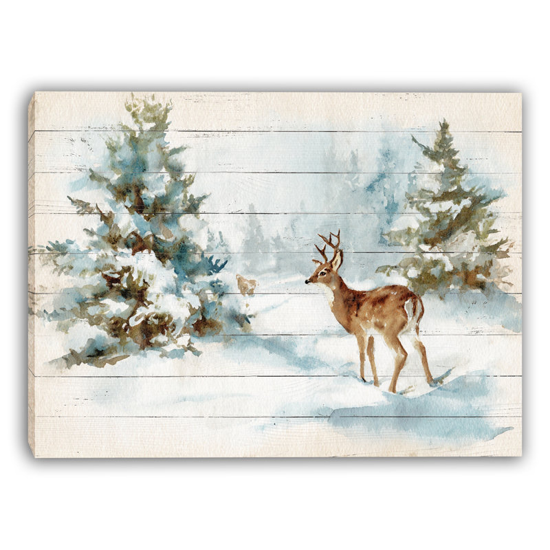 «Winter Deer in Snowy Pines», art mural sur toile rustique, H 24 po x l 16 po