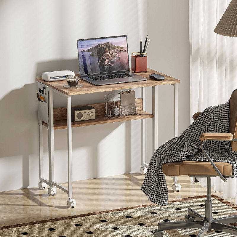 Bureau pliant, bureau d'ordinateur portable avec roulettes, bois naturel, Blanc / bois naturel