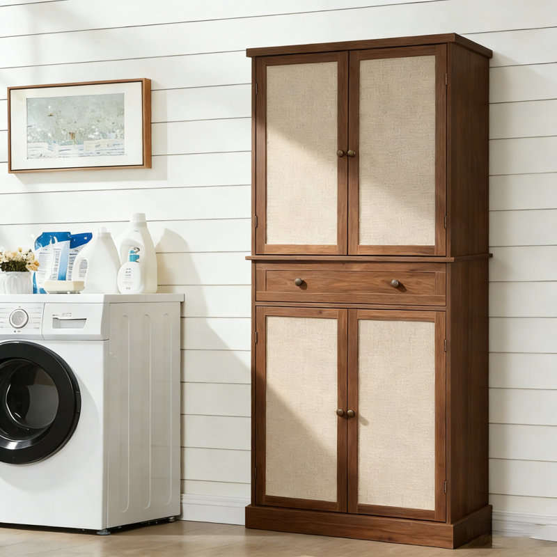 72"Tall Bathroom Storage Cabinet With4 Rattan Doors , 1 Drawers & Adjustable Shelves, Pantry, Linen, Brown