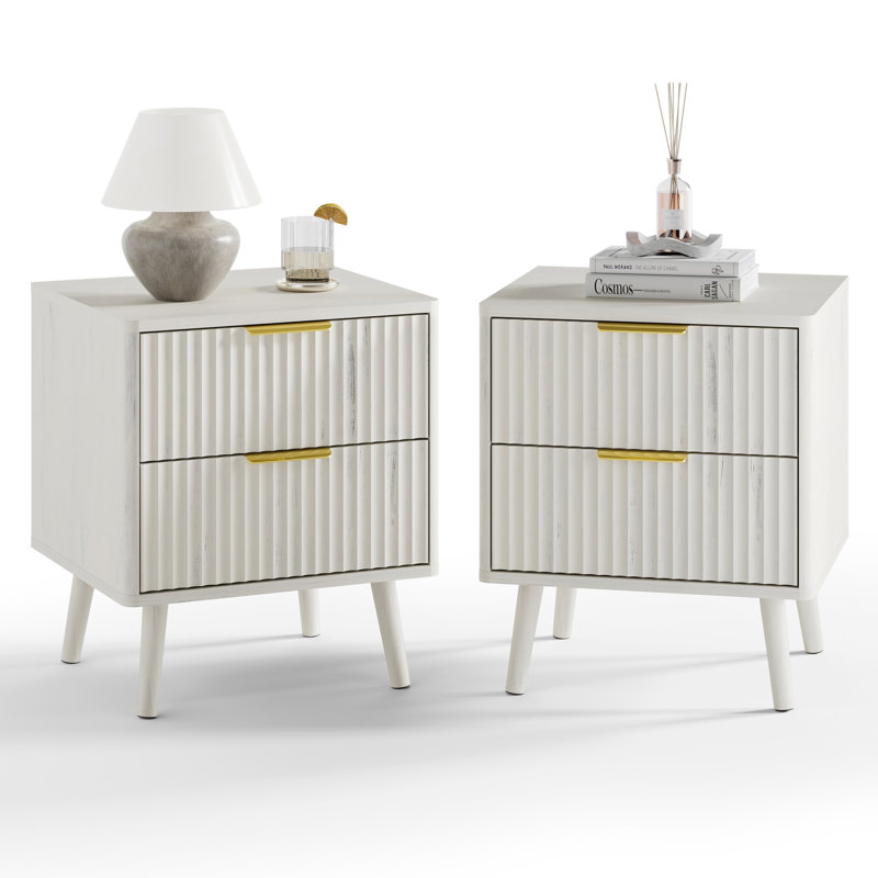Fluted Nightstand With Curved Profile Design, 2-Drawer End Table, Bedside Table For Bedroom, Living Room, White