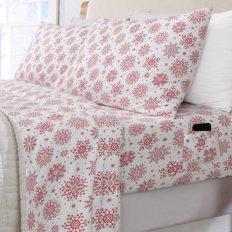 Ensemble de literie en flanelle 100 % coton, Ensemble de drap pour lit très grand avec drap-ho, Flocons joyeux
