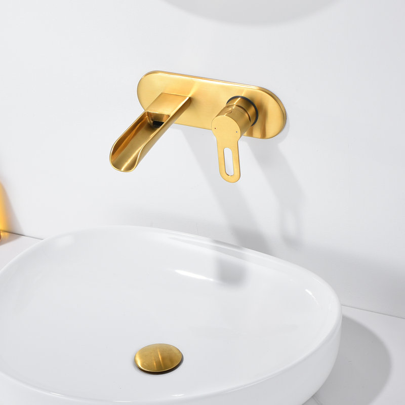 Vivid Fall 1-Handle Wall Mounted Bathroom Faucet With Valve In Brushed Gold, Gold