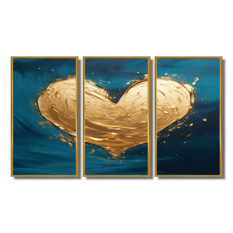 Cœur doré brillant bleu sarcelle foncé - ensemble d'art mural imprimé abstrait, Cadre flottant doré