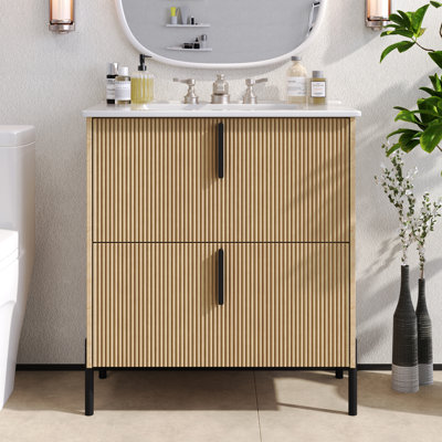Meuble-lavabo de 30 po avec lavabo en céramique et tiroirs pleine extension, glissières de tiroir à fermeture en douceur, conception cannelée, naturel