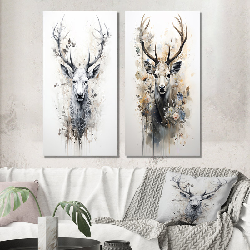 Portrait de cerf noir et blanc - ensemble de 2 reproductions d'art sur toile, H 28 po x l 25 po, Toile tendue