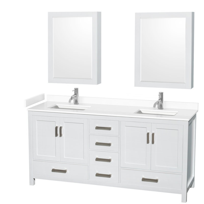 Sheffield 72" Double Bathroom Vanity Set, White, White Cultured Marble