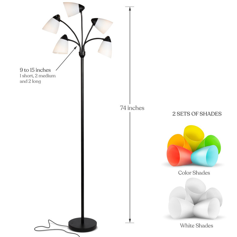 Medusa 74 in. Modern 5-Light Height Adjustable Gooseneck LED Floor Lamp with 5 Cone Shades, Black