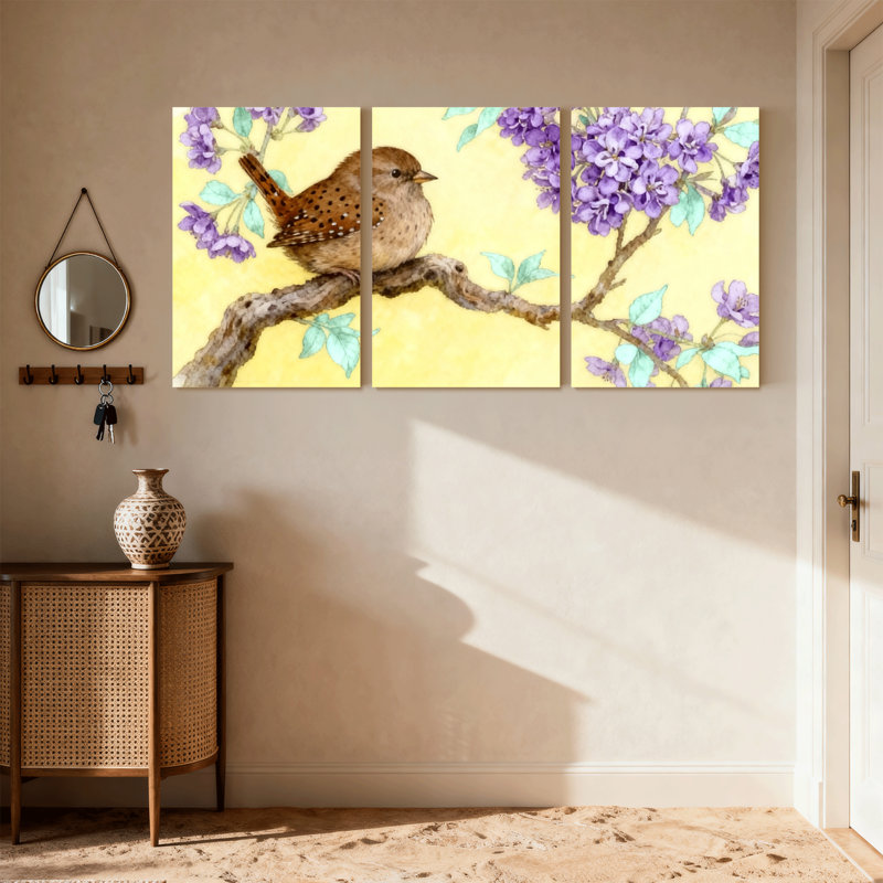 Oiseaux perchés sur une branche avec fleurs mauves, ensemble de 3 impressions sur toile, H 30 po x l 60 po