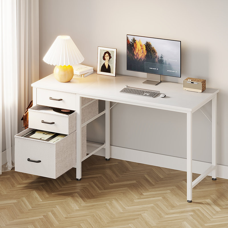 Bureau réversible 48 po à 3 tiroirs avec crochets, bacs de rangement en tissu pour bureau personnel, blanc, Blanc