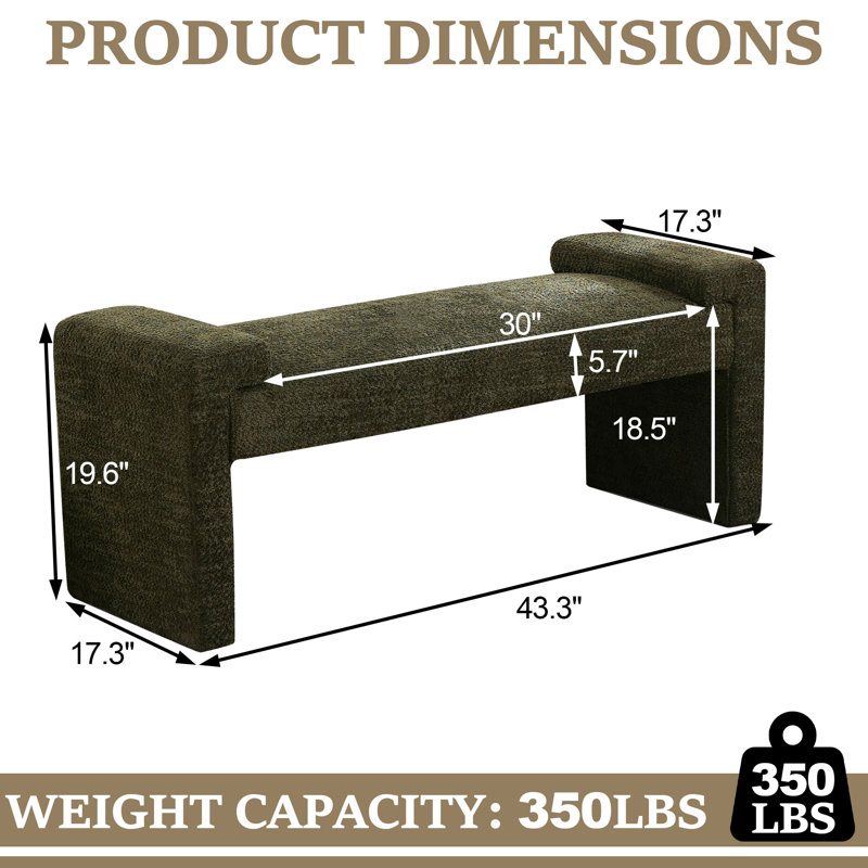 Banc de chambre rembourré l 43,3 po, Green Sherpa, H 19,6 po x l 43,3 po x P 17,3 po