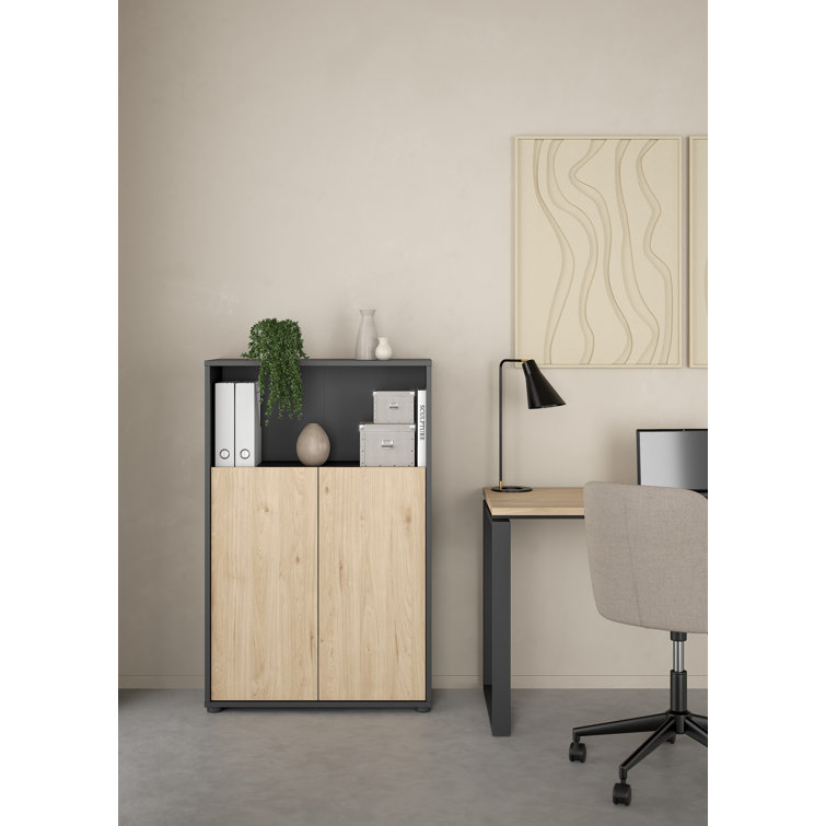 Embrie Adjustable 3 Shelf Bookcase With 2 Doors, Open Storage Home Office Bookshelf