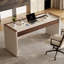 Bureau à 3 tiroirs brun noisette + pierre frittée rectangulaire blanc + bois manufacturé-1352410266