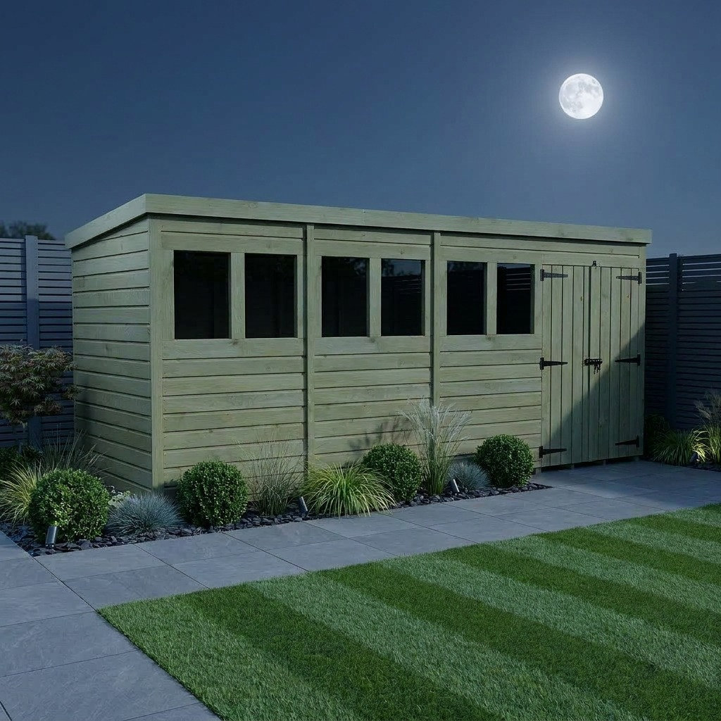 Total Sheds 18ft x 4ft Pent Garden Shed - Double Door - With Windows - Pressure Treated Timber - UK Manufactured