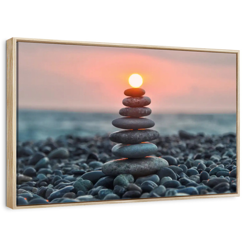 Zen pile au coucher du soleil, Cadre flottant en bois naturel, 37 po x 25 po