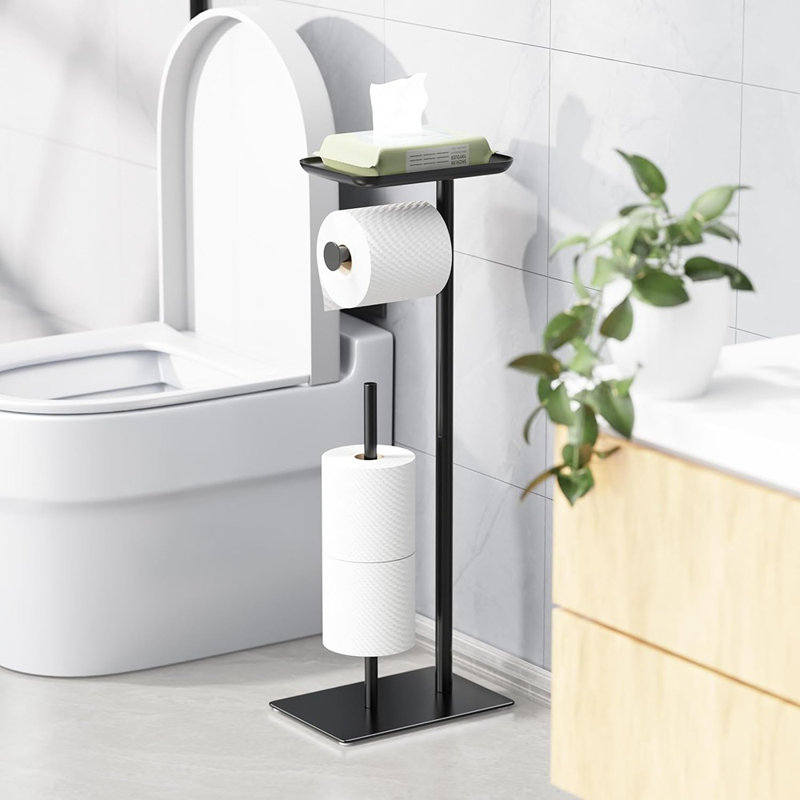 Porte-papier hygiénique sur pied avec tablette de rangement supérieure - organisateur de papier hygiénique pour salle de bain, peut contenir 4 rouleaux de réserve