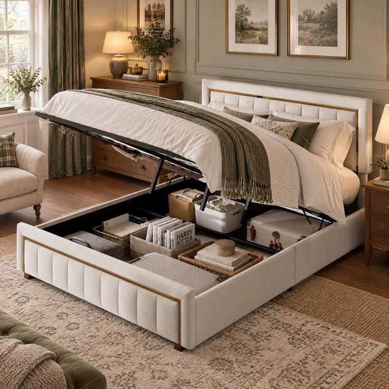 Lift Up Storage Bed Frame, European Kingsize (160 x 200 cm), Beige