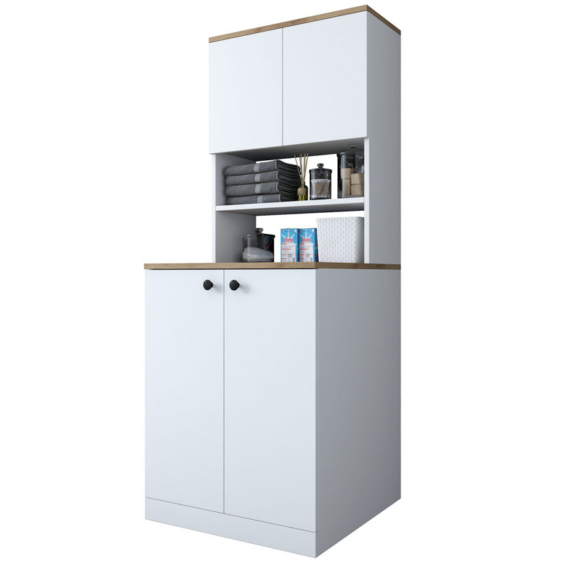 Modern Washing Machine Cabinet, White & Walnut, 27.6 x 72.3 x 28.5 inches | 100% Melamine Coated Particle Board, Thickness: 0.7 inches | Wall-Mountable, Multiple Shelves for Additional Storage | Stylish & Functional Design for Laundry Rooms