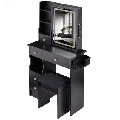 Compact 29.2 Inch Vanity Table Set With LED Mirror, Power Station, And Padded Stool For Small Spaces, Featuring Tri-Color Lighting And Hair Dryer Brac by Ivy Bronx