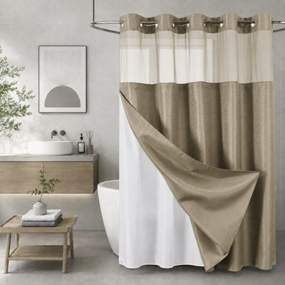 Rideau de douche beige sans crochet avec doublure, 72 po x 87 po, doublure en tissu Snap-In, fenêtre supérieure en filet, tissu gaufré robuste, rideau de douche imperméable de style hôtel pour la salle de bain