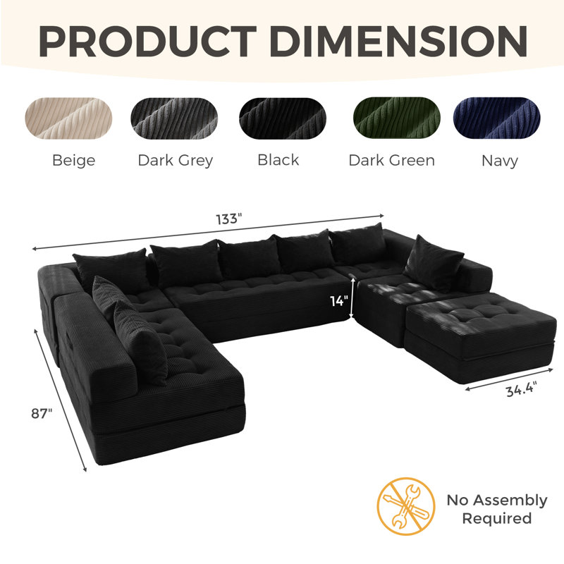 Boneless U Shaped Modular Sectional Sofa Couch, Black Corduroy, 15" H x 133" W x 87" D