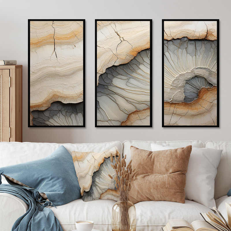 «Beige and Orange Minimalisme» Stone Geode II, H 28 po x l 36 po x P 1 po, Cadre flottant noir