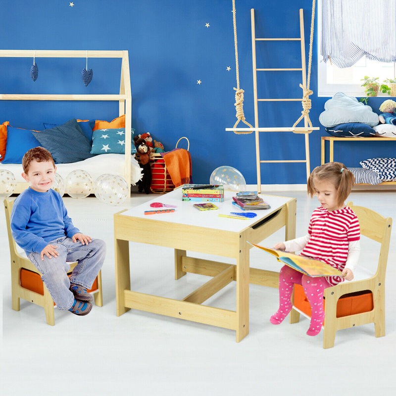 Kids Square Interactive Table and Chair Set, Natural/White