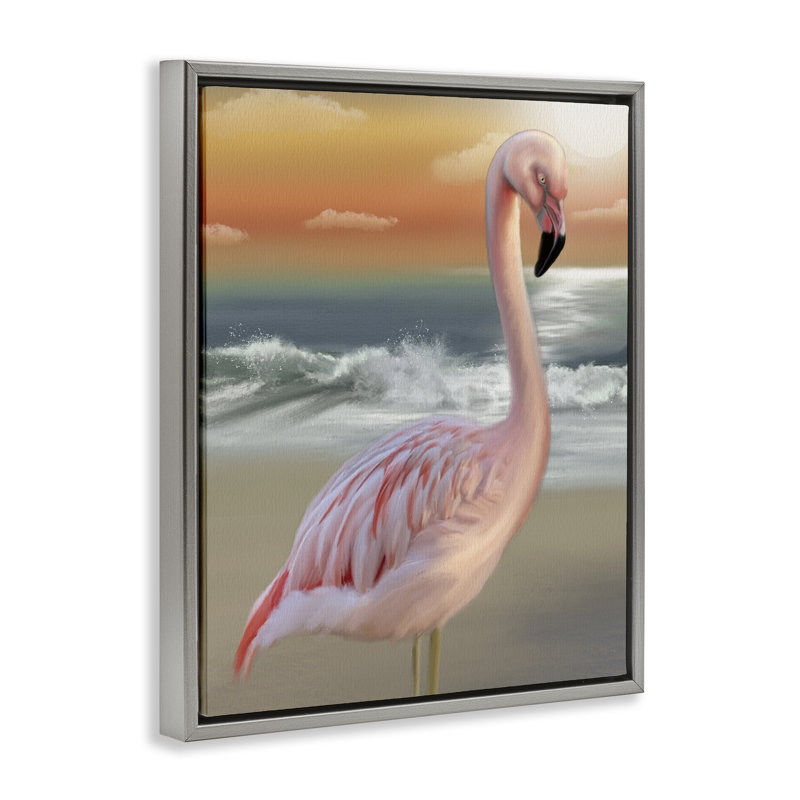 Cadre flottant Coastal Beach Flamingo, design par Matthew Piotrowicz, Cadre flottant gris lustré, H 31 po x l 25 po