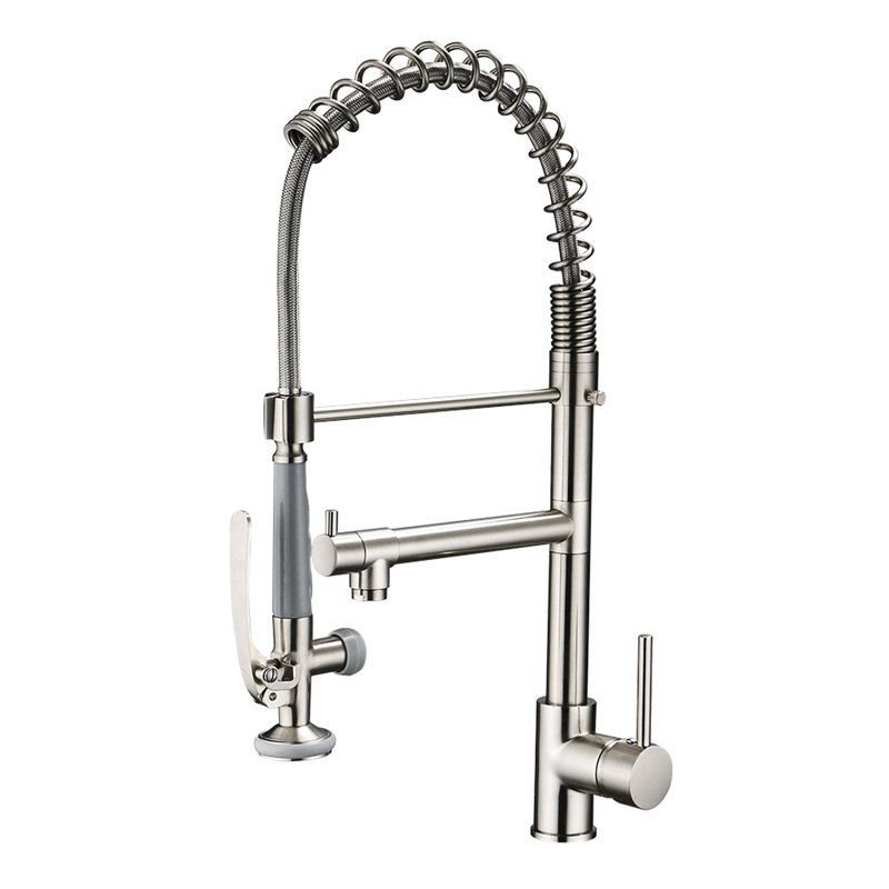 Pull Down Kitchen Faucet In Brushed Nickel - Modern Single Handle Hot And Cold Water Sink For Commercial With