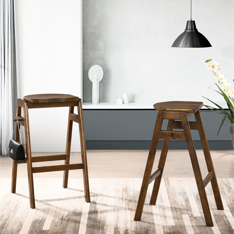 Mid-Century Modern Stackable , 2 - Solid Rubberwood In Walnut Tone, Comfortable Seat 16"W X 19.63"D 29.15"H 2 Stools Finish Rubberwood, Breathable