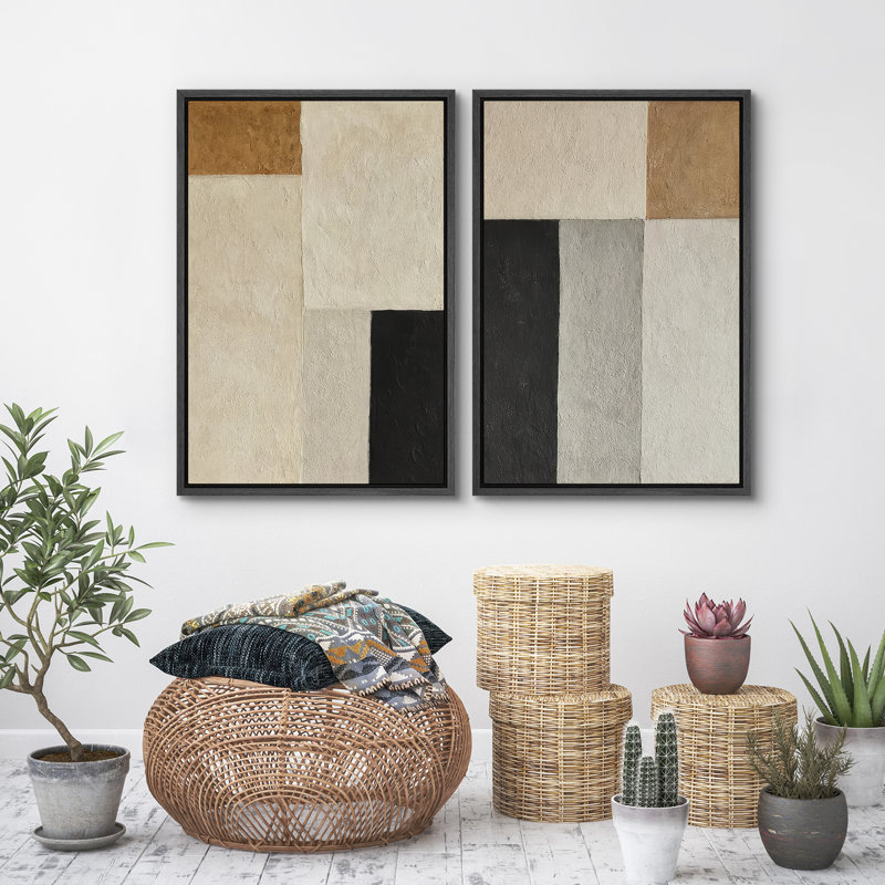 Art mural abstrait, ensemble de 2 reproductions d'art encadrées sur toile, H 24 po x l 32 po, Noir