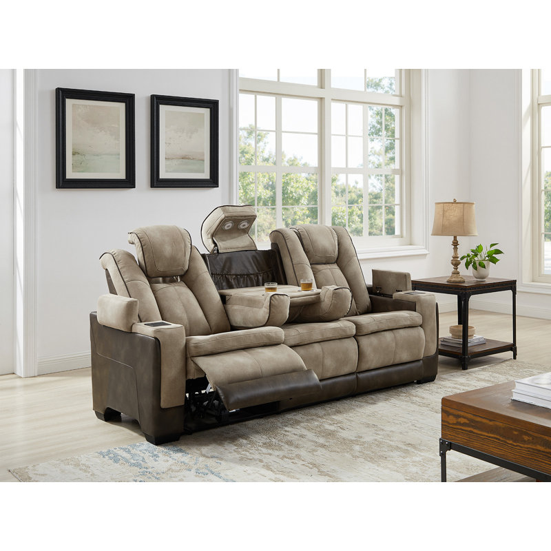 87.5''Wide Breathable Leather Square Arms Power Reclining Sofa With Reading Lights And Drop Down Table, Brown