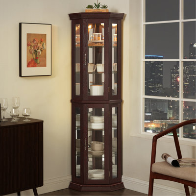 Lighted Corner Curio Cabinet - Glass Display Shelf With Tempered Glass Doors, Adjustable Shelving, And Included Bead Bulb - Bar Cabinet For Home Decor
