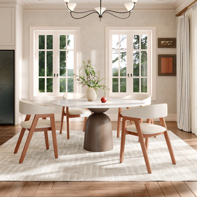 5/7 Pcs Mid-Century Sintered Stone Round Dining Table Sets With Comfort Leather Upholstered Kitchen Chairs For 4/6