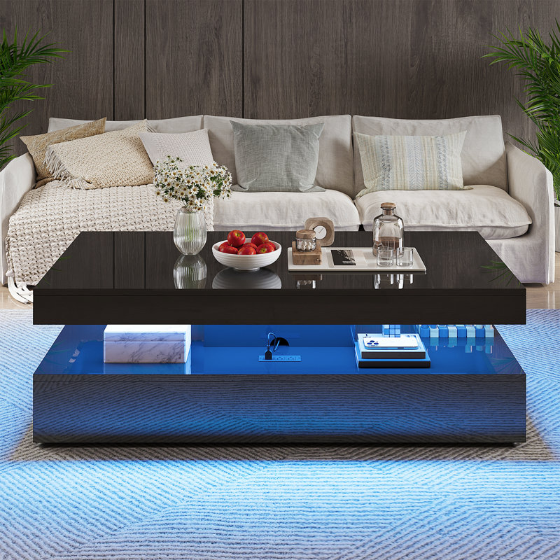 47” High-Glossy LED Coffee Table With 2 Sliding Drawers, Modern Stylish Double-Layer Center Tables With LED Lights, Black