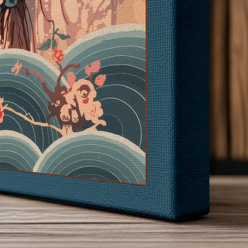 Mountain Bloom Japandi - Wrapped Canvas, 30x20 - 76.2 x 50.8 cm, Teal Border