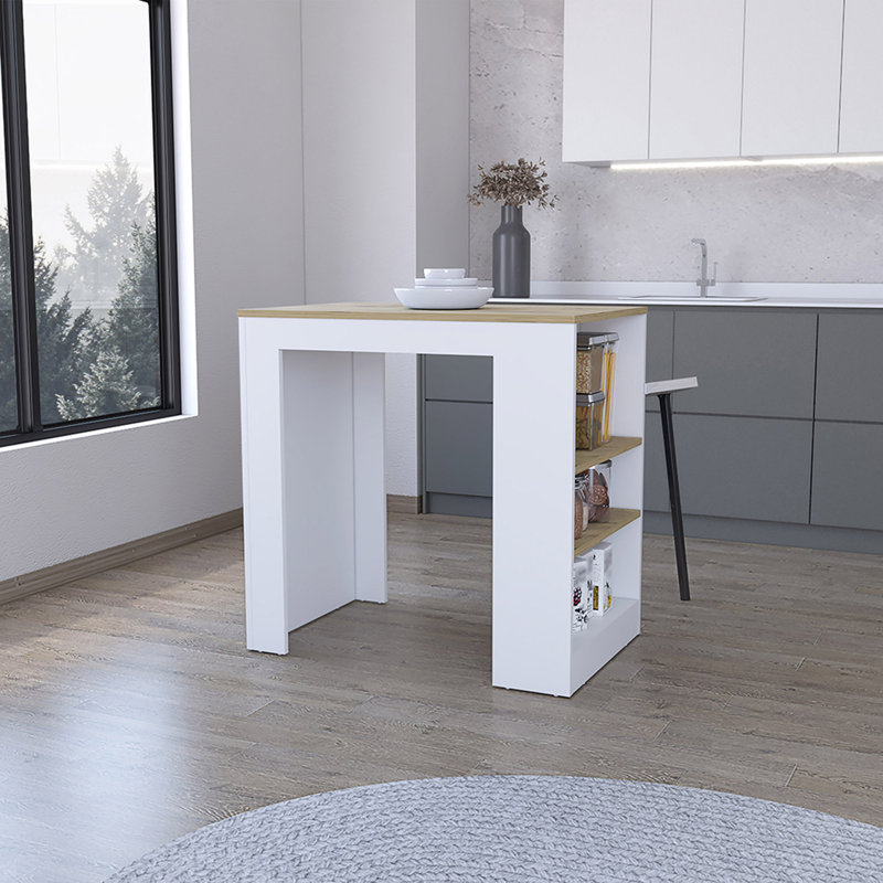 Îlot de cuisine, table de bar de cuisine H 36 po, 3 tablettes latérales, Blanc, Panneau de particules