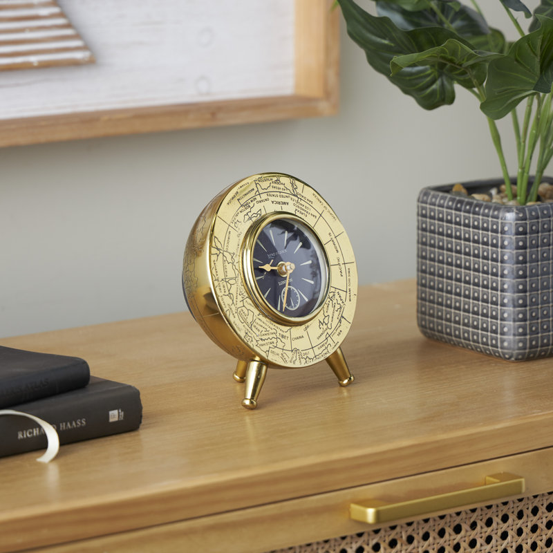 Horloge de table analogique à quartz en métal doré