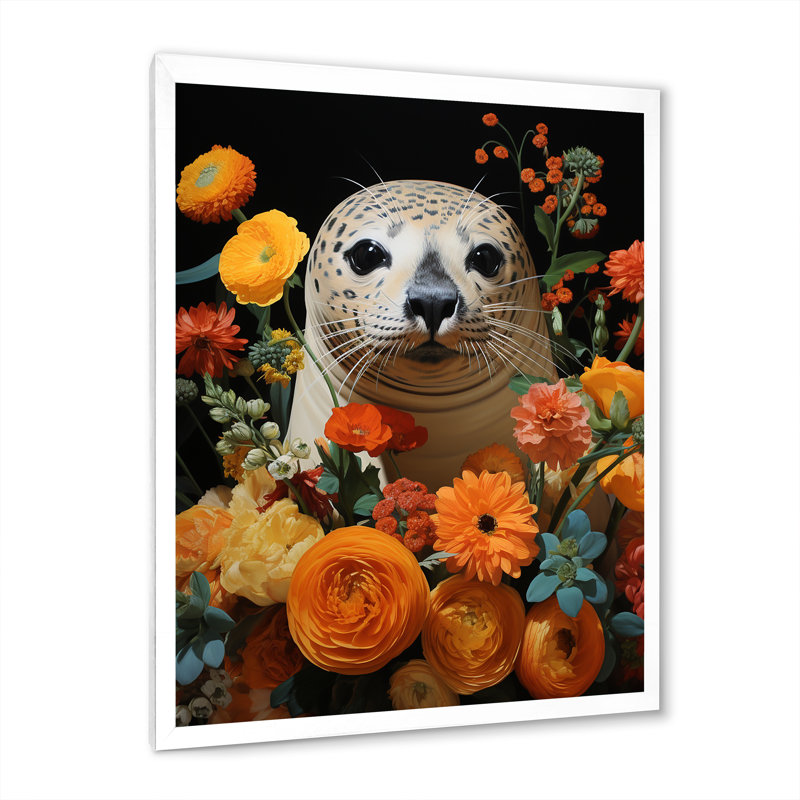 Fleurs colorées de phoque commun - art mural animaux côtiers, Cadre simple blanc, H 32 po x l 16 po x P 1 po