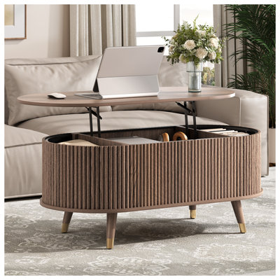 Oval Coffee Table With Lifting Top,42.5” Fluted Centre Table With Hidden Compartment & Solid Wood Legs,mid Century Modern Accent Coffee Tables For Living Room,apartment,walnut