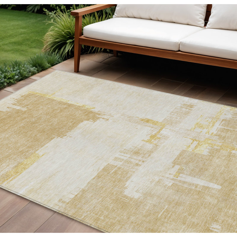 Tapis extérieur lavable abstrait beige et doré 10 pi x 14 pi